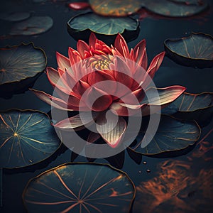red lotus water lily blooming on water surface and dark blue leaves toned, purity nature background, aquatic plant