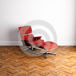 Red lounge chair in new white loft interior 3D render