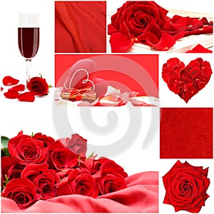 Red love collage with roses, vine glass and heart