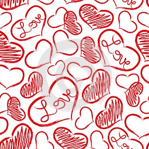 Red love heart symbols grunge hand-drawn pattern eps10