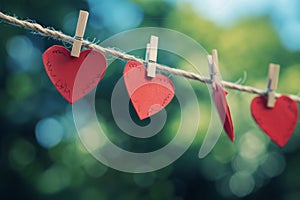 red love hearts pegged onto a clothes line outdoors