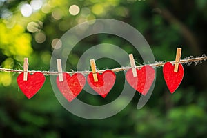 red love hearts pegged onto a clothes line outdoors