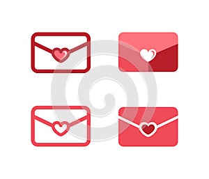 Red love letter envelope with heart in the middle logo icon design set of 4.