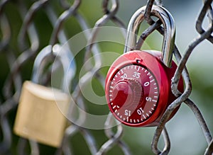 Red love lock on chain link fence