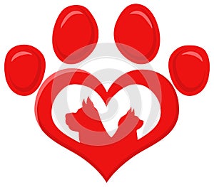 Red Love Paw With Dog And Cat Silhouette Print Logo Flat Design