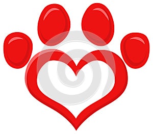 Red Love Paw Print Logo Design Flat