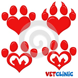 Red Love Paw Silhouette Print Logo Flat Design Set 2. Vector Collection