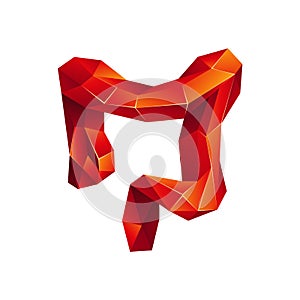 Red low poly human colon on a white background. Abstract anatomy organ. Large intestine in 3D polygon style