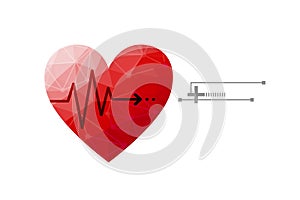 Red low polygon of heart with heartbeat or heart beat pulse on white background. Illustration simple for love concept