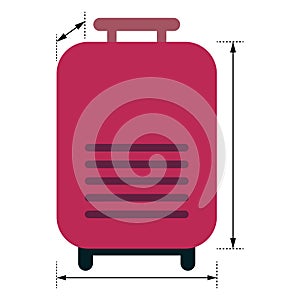 Red luggage with arrows showing dimensions