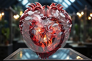 Red luminous heart on the background of bokeh effec. Generative AI
