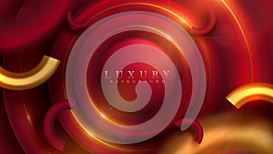 Red luxury background with 3d circle frame with gold line and glitter light with blur effect and bokeh