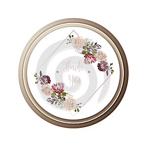 Red luxury floral greeting card with white, green and purple flowers on white background and wooden circle frame