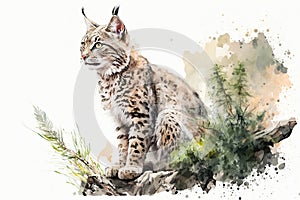 The red lynx or bobcat sitting on a rock, watercolor illustration generated by AI