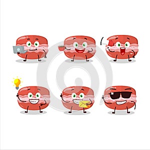 Red macaron cartoon character with various types of business emoticons