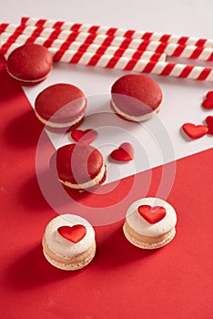 Red Macarons and red shaped hearten an envelope