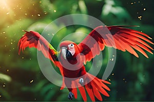 Red macaw parrot flying in the jungle. Nature background.