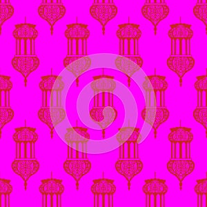 Red on Magenta Arabic Lantern Geometrical Pattern Seamless Repeat Background