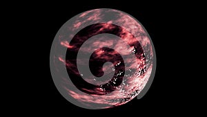 A red magma planet in the solar system rotating isolated on black background, seamless loop. Animation. Abstract