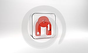 Red Magnet icon isolated on grey background. Horseshoe magnet, magnetism, magnetize, attraction. Glass square button. 3d