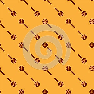 Red Magnifying glass and dollar symbol icon isolated seamless pattern on brown background. Find money. Looking for money