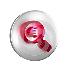 Red Magnifying glass and euro symbol icon isolated on transparent background. Find money. Looking for money. Silver