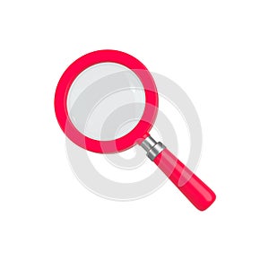 Red magnifying glass isolated. Transparent loupe search icon for finding, reading, research, analysis or discovery concept. 3d