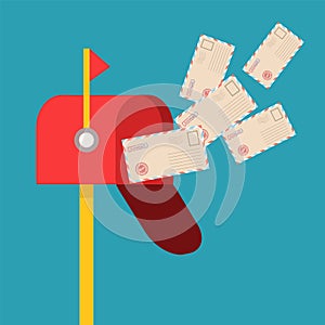 Red mail box with flying envelops on blue, stock vector illustration