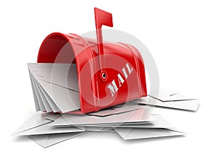 Red mail box with heap of letters. 3D