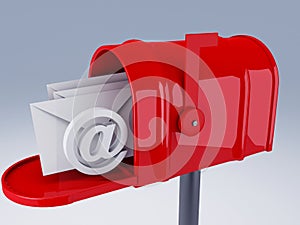Red mail box with at symbol and heap of letters