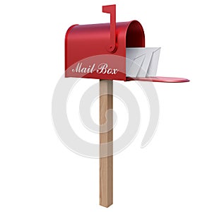 A red mailboxes with a open door, a raised flag, and letters envelope inside 3d render illustration ,isolated on white background