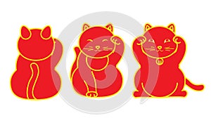 Red Maneki neko / neco set, a cat with a raised paw Japanese luck symbol, vector illustration, with coin, fish