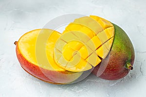 Red Mango fruits half on white background. Mango clipping path. Long banner format