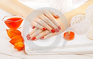 Red manicure with dekor. spa