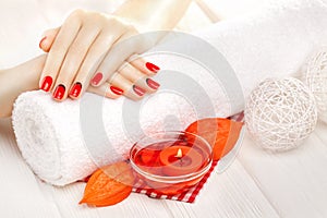 Red manicure with dekor. spa