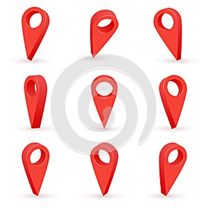 Red map marker icon in vector. Realistic 3d pointer of map.