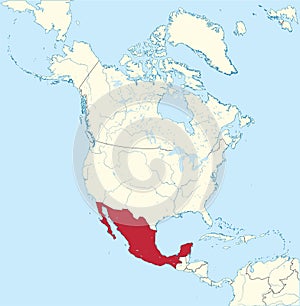 Red map of MEXICO inside beige map of the North American continent