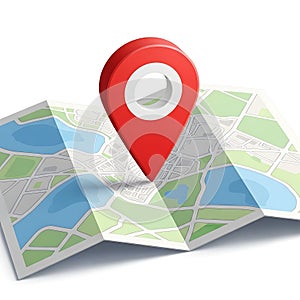 Red map pin on folded map isolated on white background