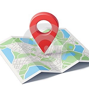 Red map pin on folded map isolated on white background