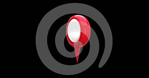Red map pin icon zooms and hovers on black background in 4K
