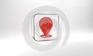 Red Map pointer with anchor icon isolated on grey background. Glass square button. 3d illustration 3D render