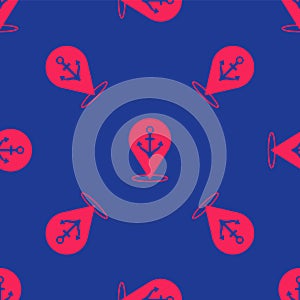 Red Map pointer with anchor icon isolated seamless pattern on blue background. Vector