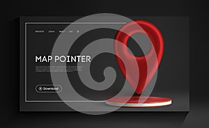 Red map pointer isolated on black background. Find address, location icon concept. GPS 3d Pointer on red podium in black