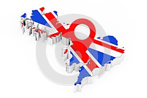 Red Map Pointer Pin over United Kingdom Map with Flag. 3d Rendering