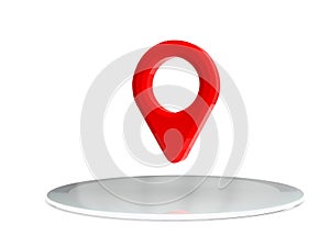 Red map pointer on the podium. Red GPS pointer. isolated on white background. three-dimensional rendering. 3d render illustration