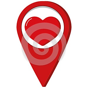 Red map pointer with red heart inside icon isolated on white background.