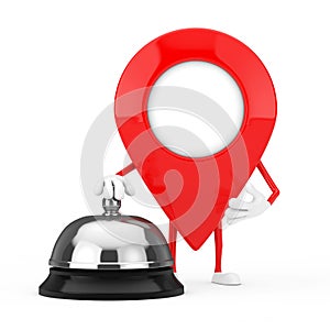 Red Map Pointer Target Pin Character Mascot with Hotel Service Bell Call. 3d Rendering