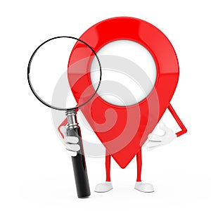Red Map Pointer Target Pin Character Mascot with Magnifying Glass. 3d Rendering