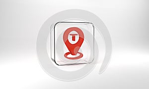Red Map pointer with taxi car icon isolated on grey background. Location symbol. Glass square button. 3d illustration 3D