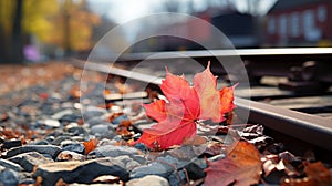 a red maple leaf laying on the ground next to railroad tracks